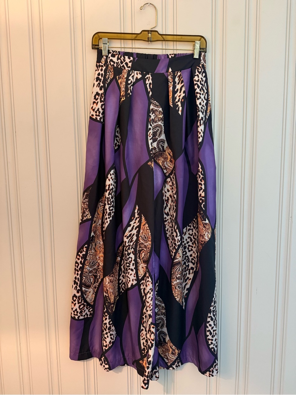 Women's Purple Patterned Wide-Leg Pants with Animal Print Accents - Picture 1 of 6